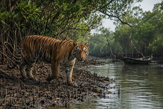 Bengal tiger walking through Sundarban mangrove forest, showcasing majestic wildlife, natural habitat