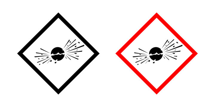 GHS exploding bomb pictogram with explosive hazard symbol. Chemical Safety label for explosive materials, blast hazards, OSHA, and hazardous materials