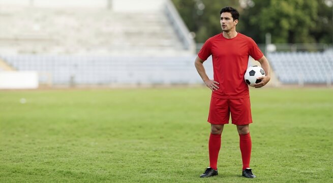 Male soccer player in red jersey holding ball on stadium field. Athlete standing on grass pitch. Copy space for text