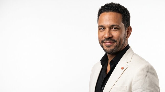 Cuban Businessman in Linen Blazer with Warm Half-Smile &mdash; Corporate Portrait with Copy Space on White Background