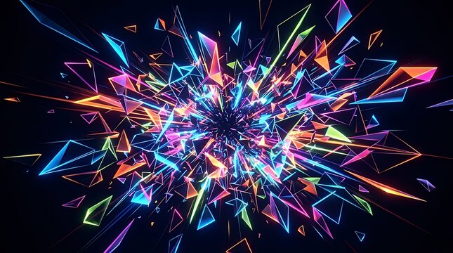 Dynamic Geometric Fracture Fragmentation with Vibrant Neon Tones Exploding Across Deep Midnight Canvas  abstract glitch explosion shatter shattered shapes colorful yellow pink black