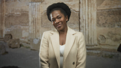 Obraz premium Woman in beige coat smiles with hands clasped and head tilted in front of stone building; quiet confidence.