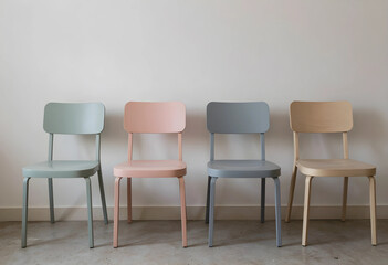 Fototapeta premium Four modern minimalist chairs in pastel colors and natural wood against a neutral wall interior design and furniture, this composition interior design furniture and waiting room concepts