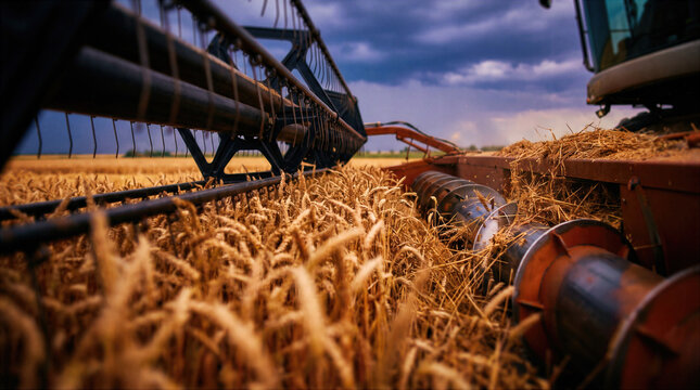 Modern combine harvester works across a golden wheat field during the summer harvest season. Agricultural machinery gathers ripe grain crops under a cloudy sky in the rural countryside farmland.