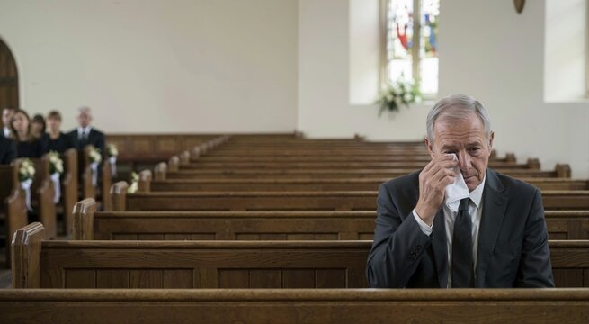 Sad senior man wiping tear with handkerchief at funeral service. Elderly widower mourning loss sitting in church pew