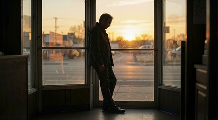 Fototapeta premium Silhouette of depressed small business owner leaning against storefront glass at sunset. Stressed entrepreneur facing financial crisis and closure