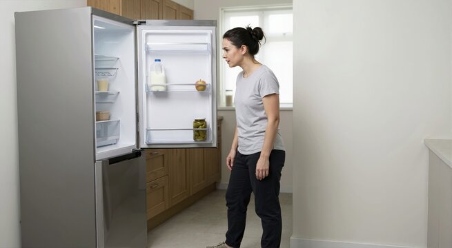 Woman looking inside an empty refrigerator in a kitchen. Hungry female searching for food in a nearly empty fridge