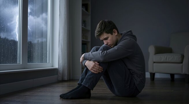 Scared teenage boy hugging his knees on the floor in a dark room. Frightened youth seeking shelter during a violent thunderstorm with lightning
