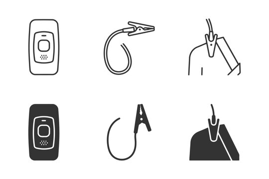 Minimalist black and white icon set of emergency pager and lanyard clip designs.