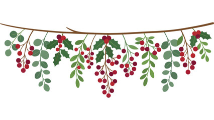 Christmas holly berry garland branch. Festive winter botanical border with red berries. © Mahraz