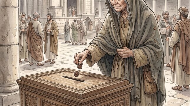 Poor elderly widow dropping two small coins into a wooden temple treasury box. Biblical parable of the widow's offering watercolor illustration