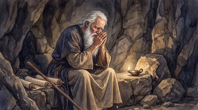 Watercolor illustration of an old prophet weeping in a dark cave. Old Testament biblical theme with an oil lamp and parchment scrolls