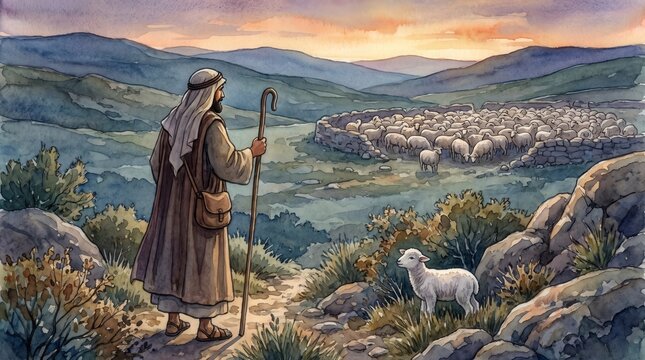 Shepherd finding a lost lamb while the flock rests in a stone enclosure. Watercolor illustration of the biblical parable of the lost sheep at sunset. Rescue and care concept
