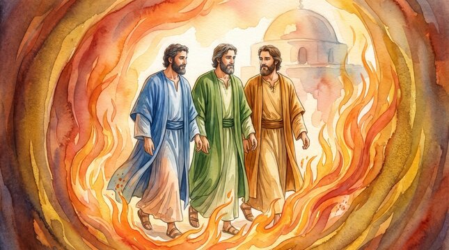 Three men walking unharmed inside a blazing fiery furnace. Watercolor illustration of Old Testament heroes miracle