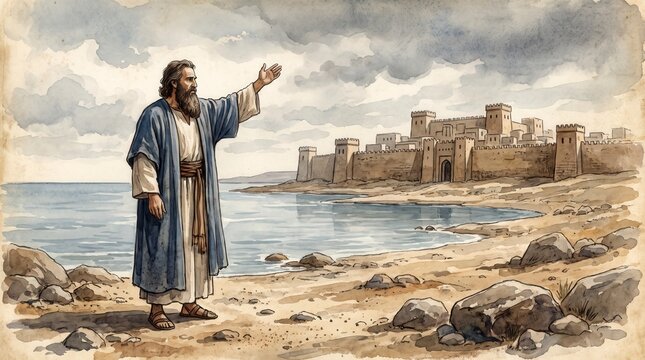Prophet Jonah standing on the shore preaching to the city of Nineveh. Old Testament biblical theme watercolor illustration. Man with raised hand delivering a message