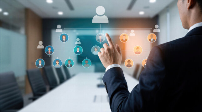 Businessman in a suit points at a virtual organization hierarchy diagram in a modern office. Corporate management structure with team members, leadership, and workforce network for recruitment,