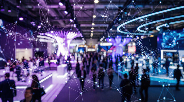 People gather at a modern technology exhibition inside a large convention hall. Digital network of connected nodes and lines overlays the busy event, symbolizing communication, data connectivity