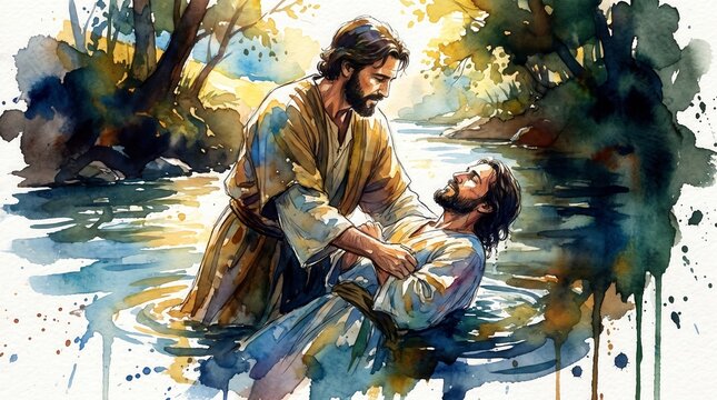 Watercolor illustration of a man baptizing another man in a flowing river. John the Baptist and Jesus in the water under bright sunlight. Biblical New Testament theme