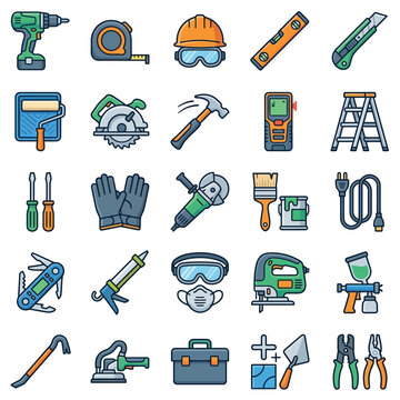Construction tools are arranged in a comprehensive icon grid featuring power drills, hammers, saws, safety gear, and various manual hardware implements.