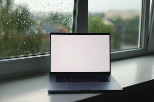 Workplace at home with laptop computer near window in rain