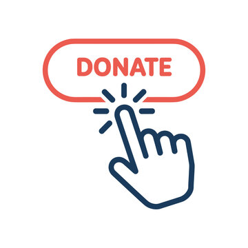 Click to Donate. A hand icon with a pointed finger pressing a DONATE button, symbolizing online giving and charitable contributions, representing support and generosity.