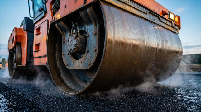 Heavy roller compactor works on fresh asphalt during roadwork at dusk. This construction machinery paves the pavement surface as steam rises. Industrial equipment for road maintenance, repair