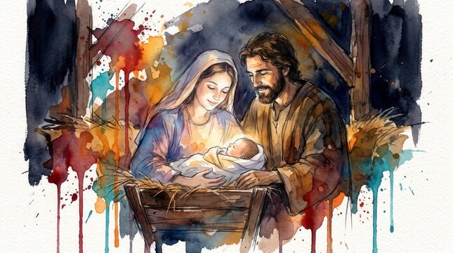 Watercolor illustration of Mary and Joseph looking at newborn baby Jesus in a manger. Holy family in a stable with glowing light. Biblical nativity scene
