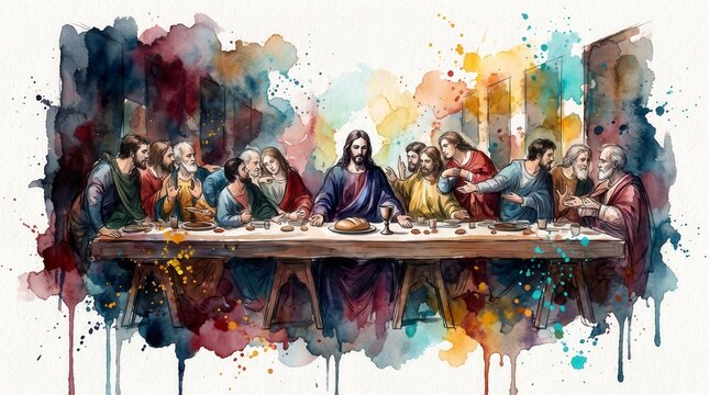 Watercolor illustration of Jesus sitting at a table with the twelve disciples at the Last Supper. Passion of Christ biblical theme with colorful paint splashes