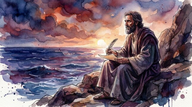 Apostle John writing Book of Revelation on rocky island of Patmos. Watercolor illustration of early church history
