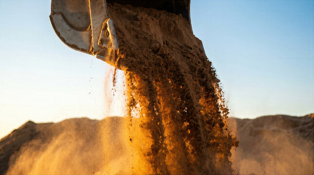 Excavator bucket pours sand and dust at a construction and mining site during sunset. Heavy industrial machinery digs and unloads soil, gravel and aggregate material for earthwork and quarry