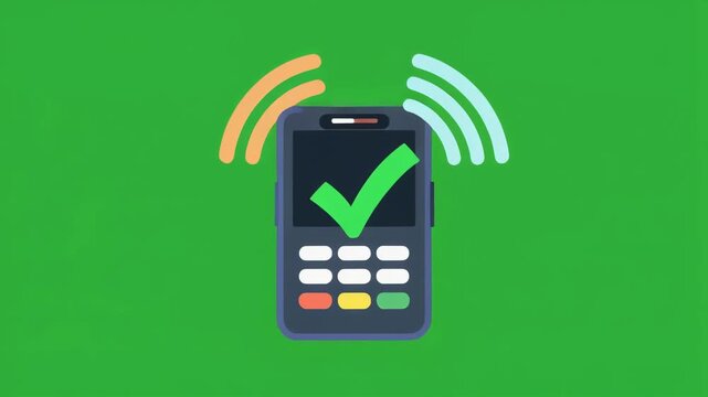 Flat vector animation of a wireless payment terminal showing a green checkmark success sign