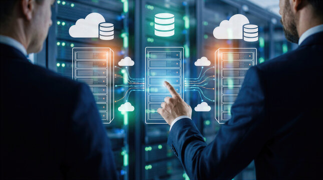 Business professionals analyze server and cloud database network infrastructure inside a modern data center. Digital storage, computing technology, and secure information transfer support enterprise