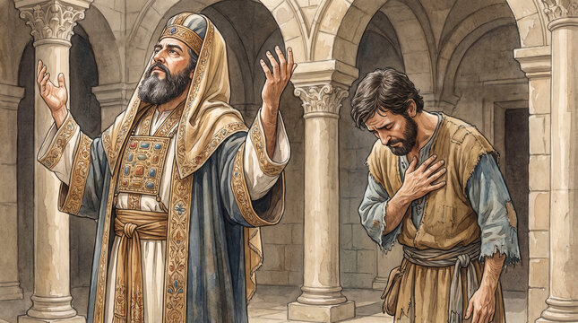 Proud Pharisee and humble tax collector praying in a stone temple. Biblical parable of humility watercolor illustration