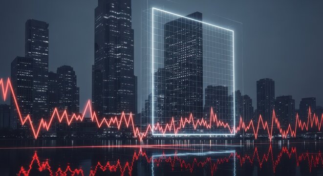 Red stock market line graph overlaying dark city skyline at night with glowing rectangular frame