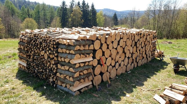 Large timber heap of recently chopped firewood logs and twigs stacked neatly in the open air cut tree branches logs stacked outdoors fresh wood trunk pile timber firewood lumber