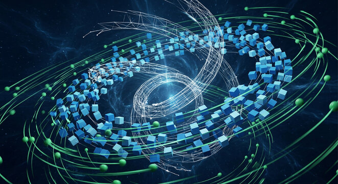 Complex digital network formation with rotating cubes and light trails, abstract