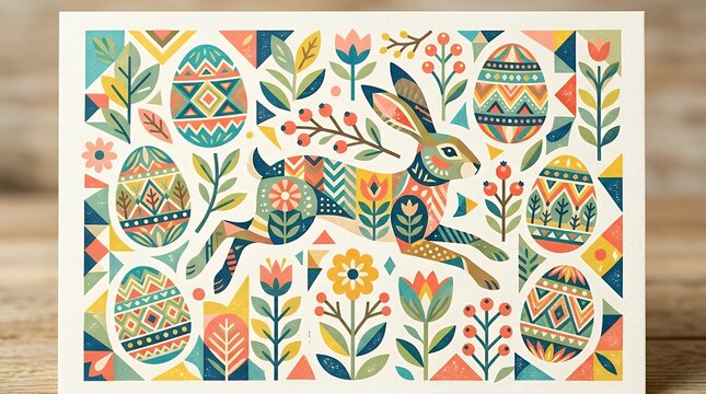 Abstract Festive Spring Hare and Ornamented Egg Pattern Card Vibrant Seasonal Greeting Layout Featuring Geometric Shapes Woodland Elements and Flora. Contemporary Design for Holiday Celebration