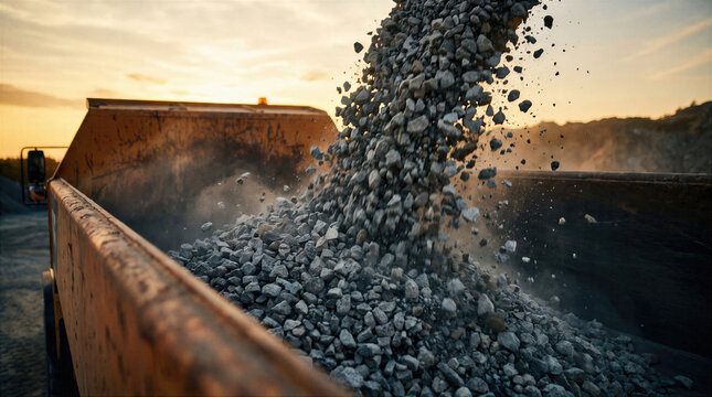 Heavy dump truck unloading crushed gravel and stone at industrial quarry site during sunset. Aggregate material pouring from the tipper for construction and mining production work.