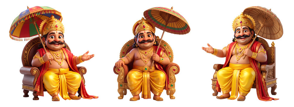 3D Cartoon King Mahabali (Maveli) Sitting on Royal Throne with Traditional Kerala Umbrella for Happy Onam Festival Isolated on Transparent Background
