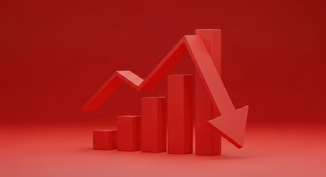 Red 3d bar chart showing a sharp downward trend with a large arrow pointing towards the bottom