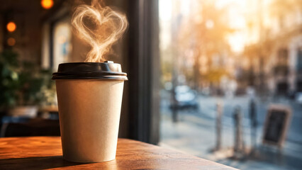 Naklejka premium Takeaway Coffee Cup with Steam Rising from the Lid Opening and forming a Heart Shape