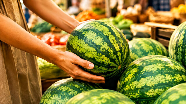 Watermelon being Selected at Farmers Market, Hands Reaching Toward one Watermelon from a Stack of Watermelons