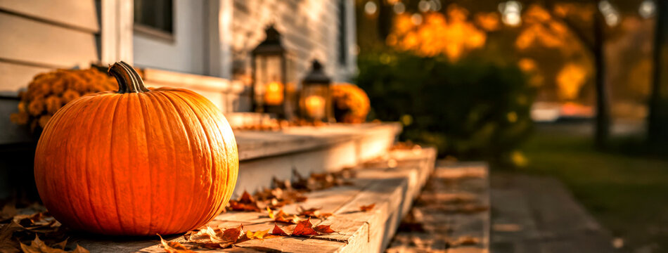 Pumpkin in Foreground on Porch Step, Blurred Background  in Warm Late-Day Light