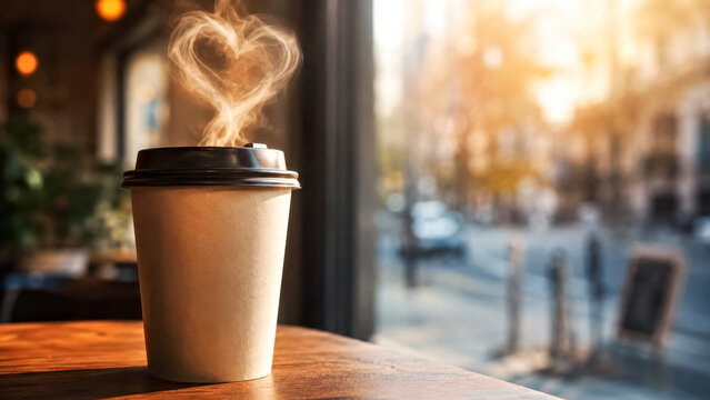Takeaway Coffee Cup with Steam Rising from the Lid Opening and forming a Heart Shape