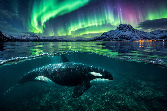Orca Swimming Beneath Aurora Borealis with Snow Covered Mountains in Arctic Waters