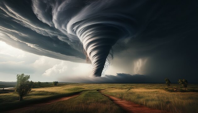 a powerful tornado descends from a dark swirling cloud engulfing a patch of ground in a destructive vortex of dust and debris