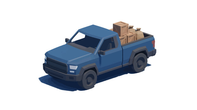 Low poly isometric illustration of a blue pickup truck carrying multiple cardboard boxes, symbolizing efficient goods delivery and urban transportation logistics for various industries