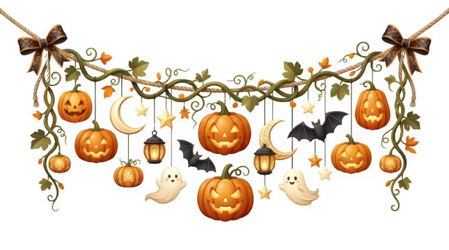 A festive holiday garland made of creeping vines hangs against a stark white background, decorated with dangling jack-o'-lanterns, cute ghosts, bats, glowing lanterns, and golden crescent moons
