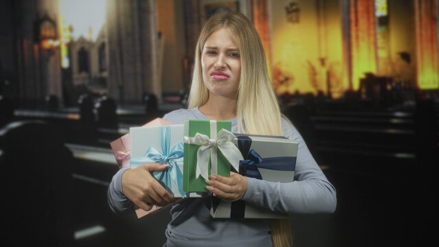 Woman holding multiple wrapped gifts, grimacing and clutching them with visible hands in a church building; disgust.