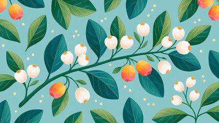 Colorful floral pattern with leaves, buds, and blossoms on a light blue background.